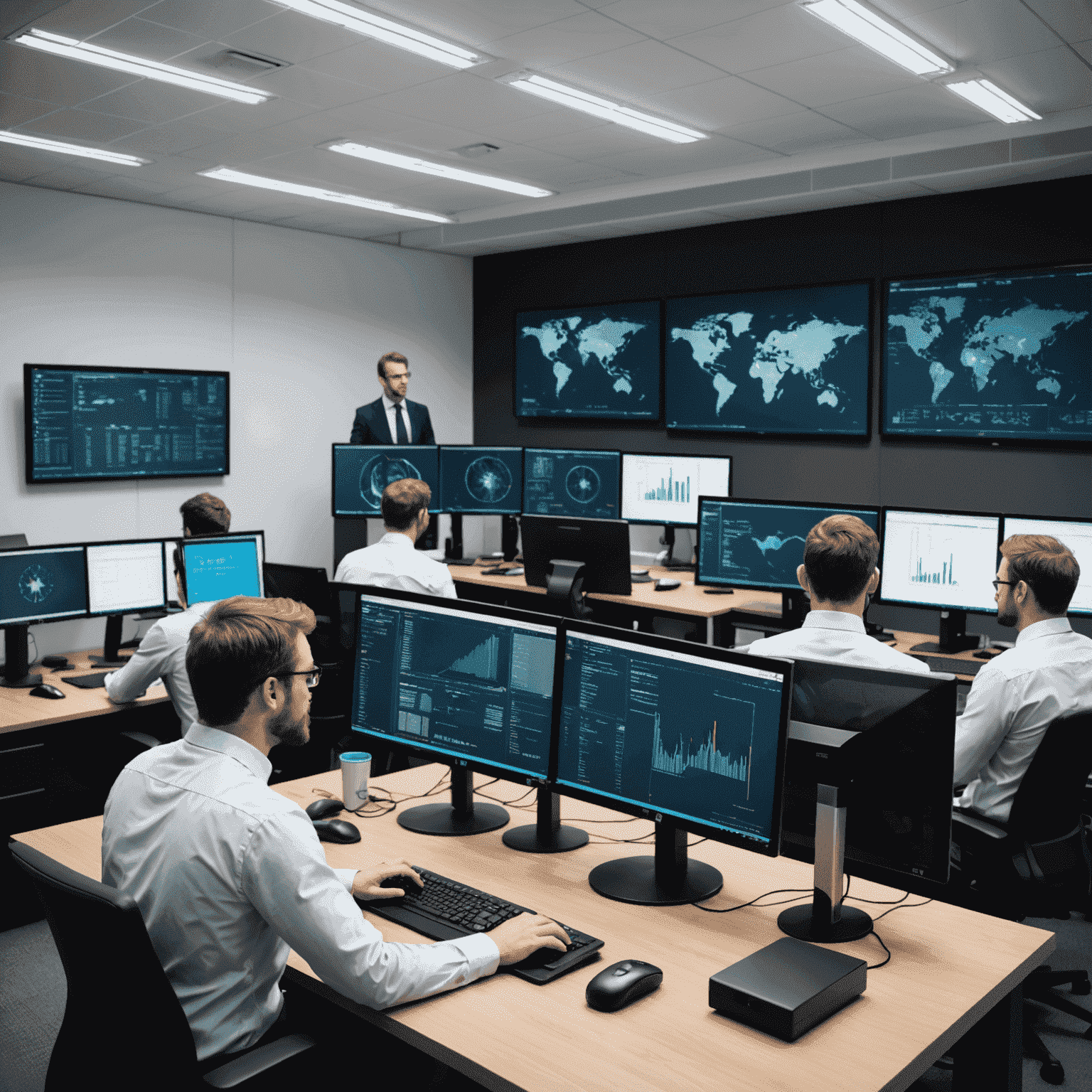 L'équipe d'Advanced IP Scanner au travail dans un environnement de bureau moderne avec des écrans affichant des analyses de réseau